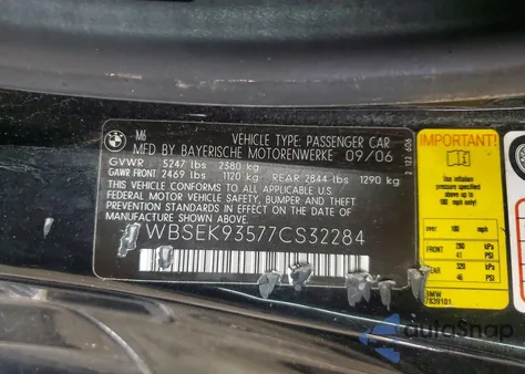 2007 BMW M6 z USA, uszkodzony, nr VIN WBSEK93577CS32284